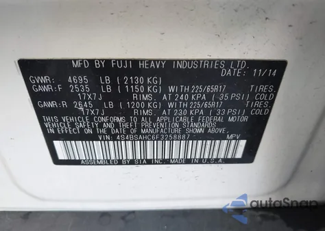 2015 Subaru Outback 2.5I Premium z USA, uszkodzony, nr VIN 4S4BSAHC6F3258887